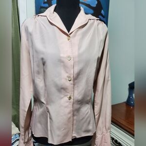 Vintage 80s Pink Silky Blouse Gold Buttons Tailored Secretary Top